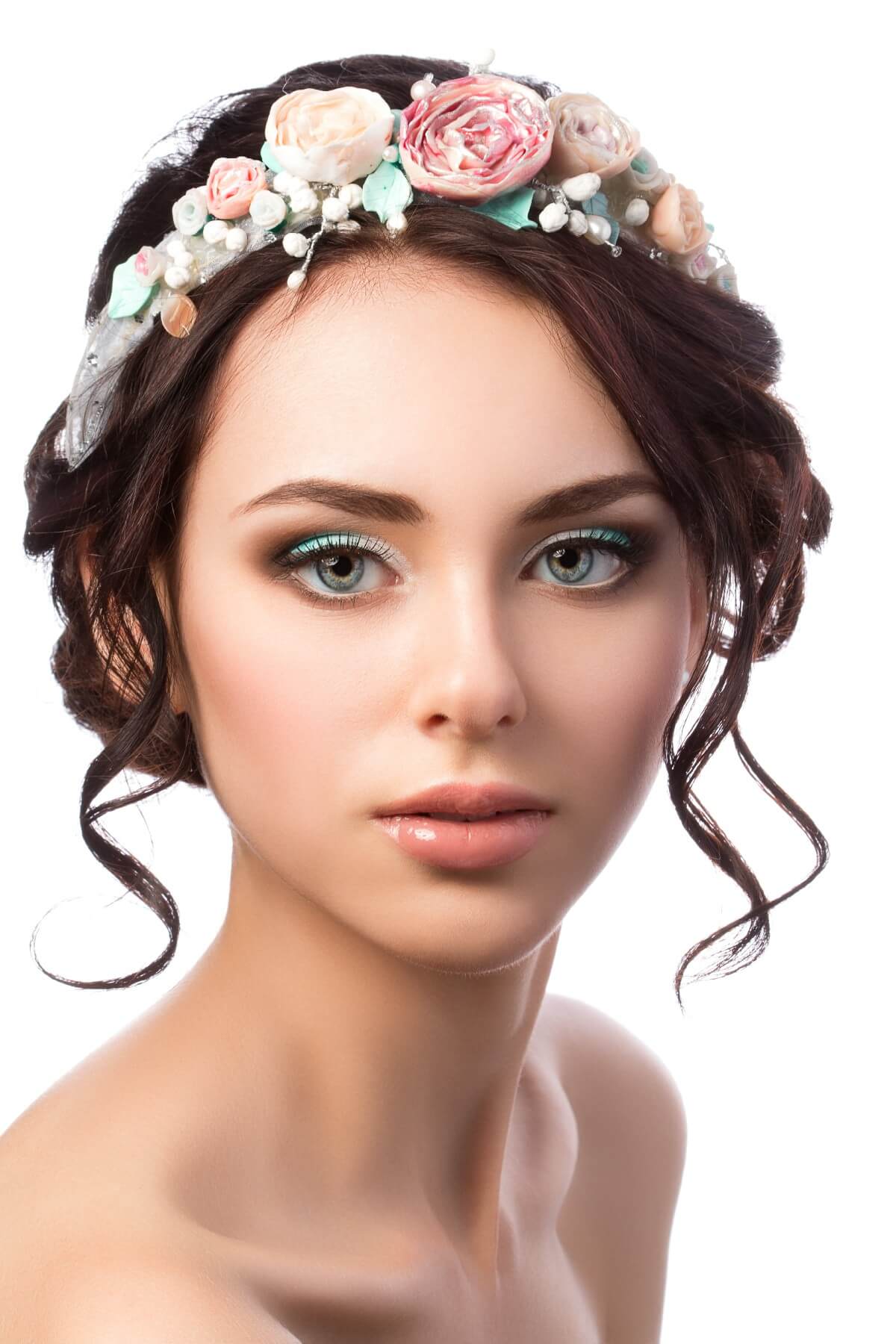 An Elegant Bridal Look with Shimmery Eyes and Flower Crown